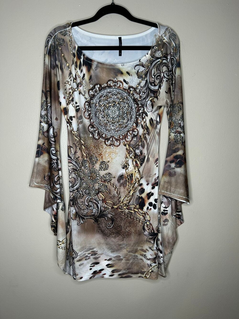 Women’s XL Lady Mocha Patterned Rhinestone Dress with Attached Sleeves